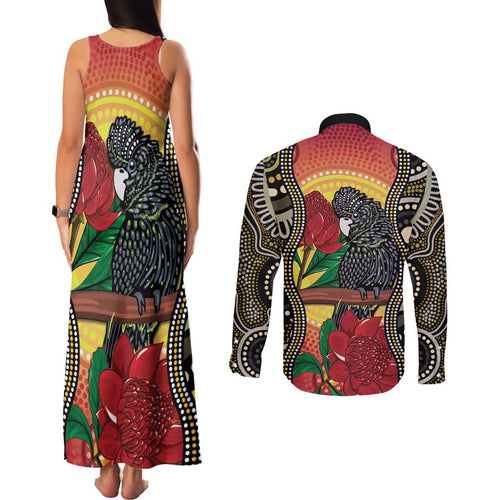 Waratah And Banksian Cockatoo Couples Matching Tank Maxi Dress and Long Sleeve Button Shirt Aboriginal Art