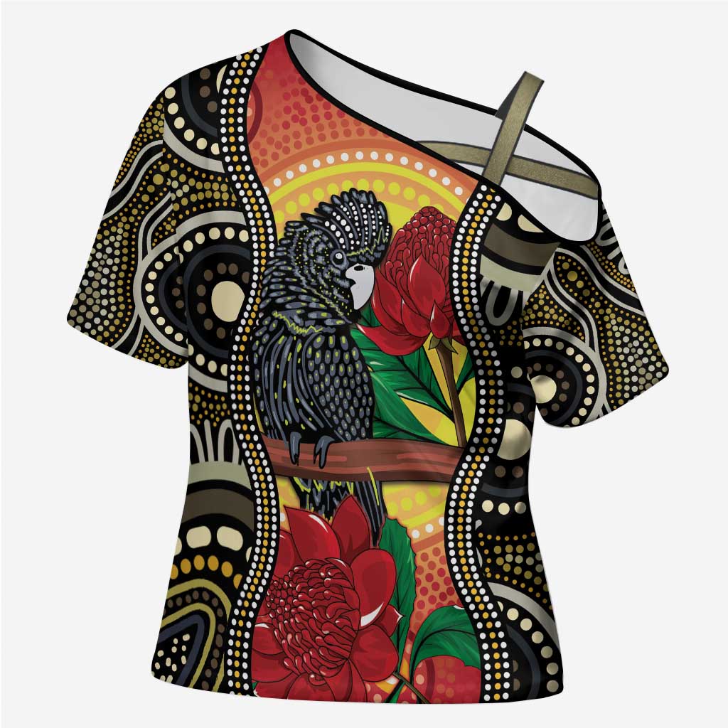 Waratah And Banksian Cockatoo Cross Shoulder Shirt Aboriginal Art - Aussie Hoodie