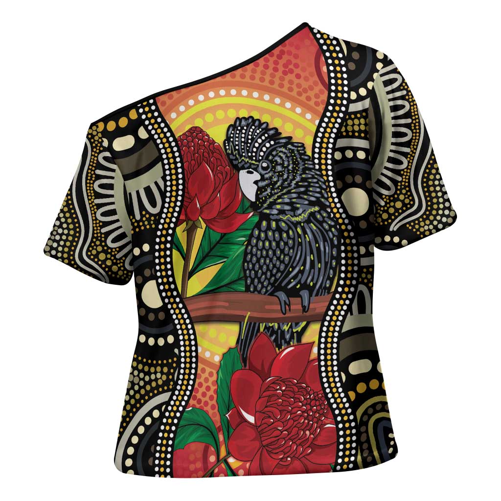 Waratah And Banksian Cockatoo Cross Shoulder Shirt Aboriginal Art - Aussie Hoodie