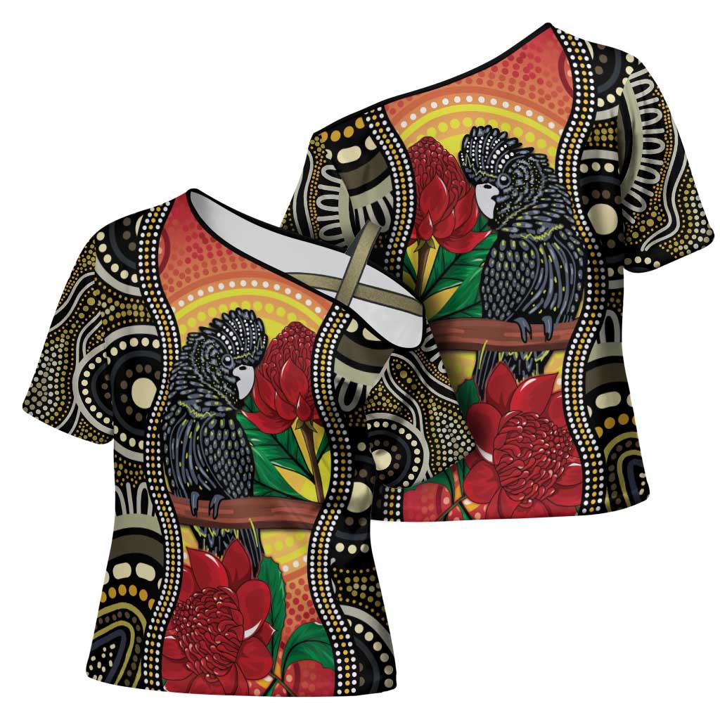 Waratah And Banksian Cockatoo Cross Shoulder Shirt Aboriginal Art - Aussie Hoodie