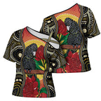 Waratah And Banksian Cockatoo Cross Shoulder Shirt Aboriginal Art - Aussie Hoodie