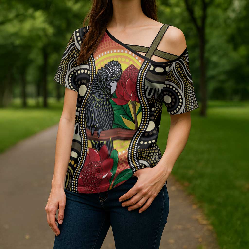Waratah And Banksian Cockatoo Cross Shoulder Shirt Aboriginal Art - Aussie Hoodie
