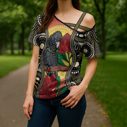 Waratah And Banksian Cockatoo Cross Shoulder Shirt Aboriginal Art - Aussie Hoodie