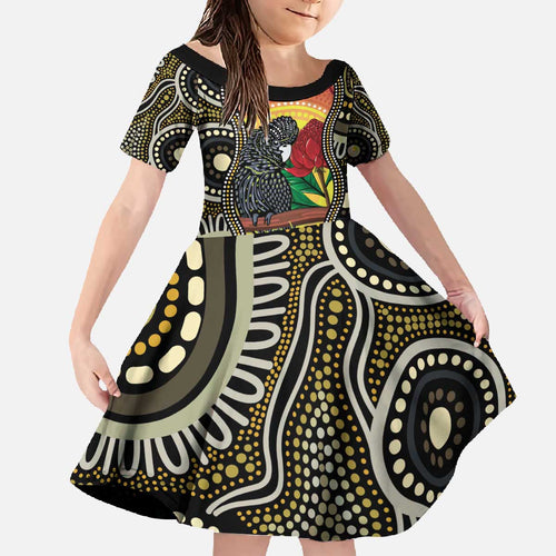 Waratah And Banksian Cockatoo Family Matching Off The Shoulder Long Sleeve Dress and Hawaiian Shirt Aboriginal Art