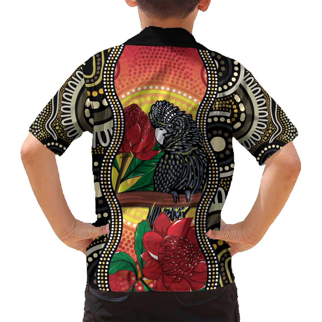 Waratah And Banksian Cockatoo Family Matching Off Shoulder Maxi Dress and Hawaiian Shirt Aboriginal Art