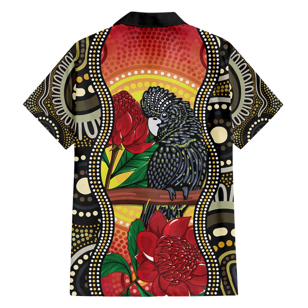 Waratah And Banksian Cockatoo Family Matching Off Shoulder Short Dress and Hawaiian Shirt Aboriginal Art