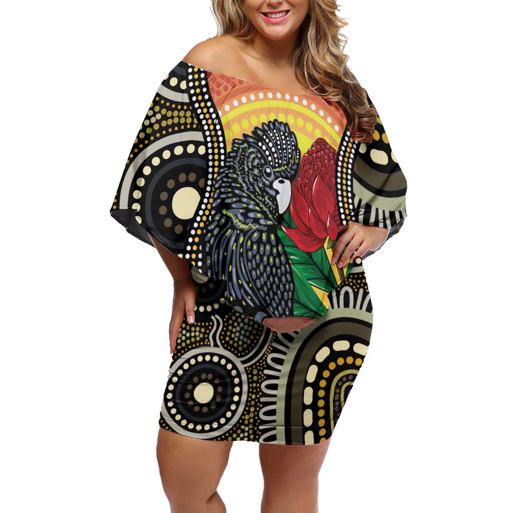 Waratah And Banksian Cockatoo Family Matching Off Shoulder Short Dress and Hawaiian Shirt Aboriginal Art