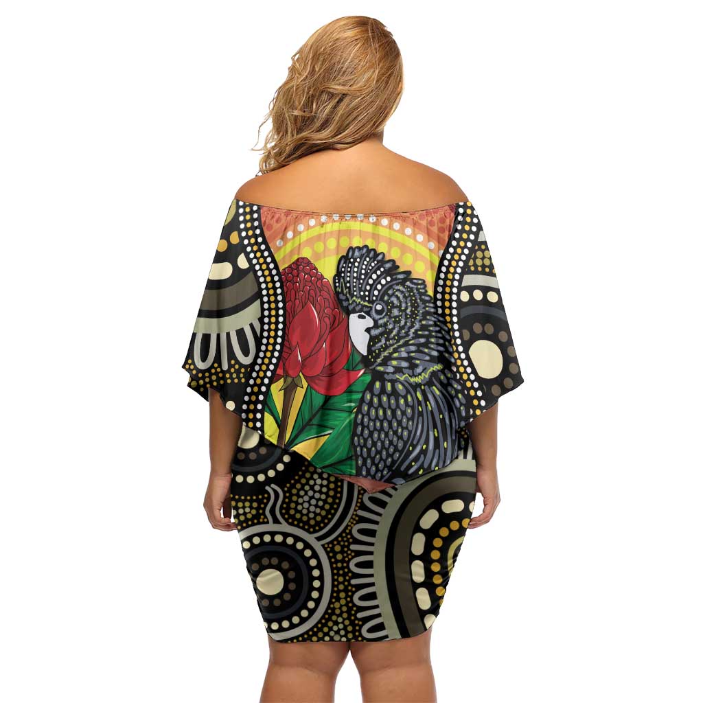Waratah And Banksian Cockatoo Family Matching Off Shoulder Short Dress and Hawaiian Shirt Aboriginal Art