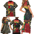 Waratah And Banksian Cockatoo Family Matching Short Sleeve Bodycon Dress and Hawaiian Shirt Aboriginal Art