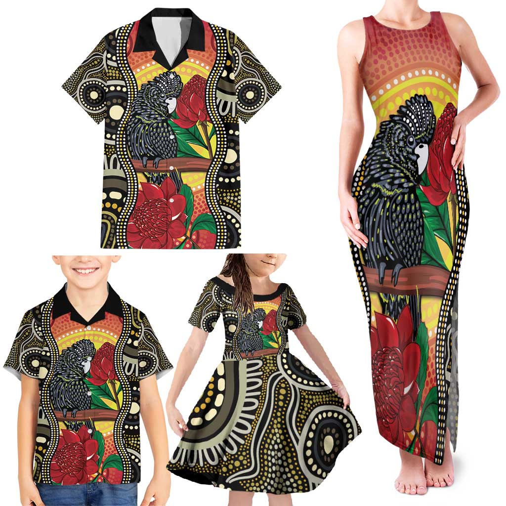 Waratah And Banksian Cockatoo Family Matching Tank Maxi Dress and Hawaiian Shirt Aboriginal Art