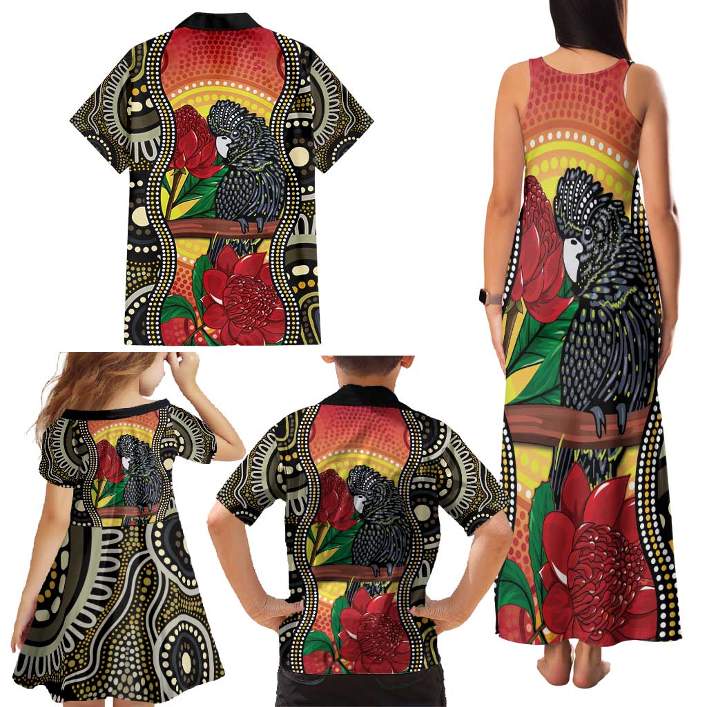 Waratah And Banksian Cockatoo Family Matching Tank Maxi Dress and Hawaiian Shirt Aboriginal Art