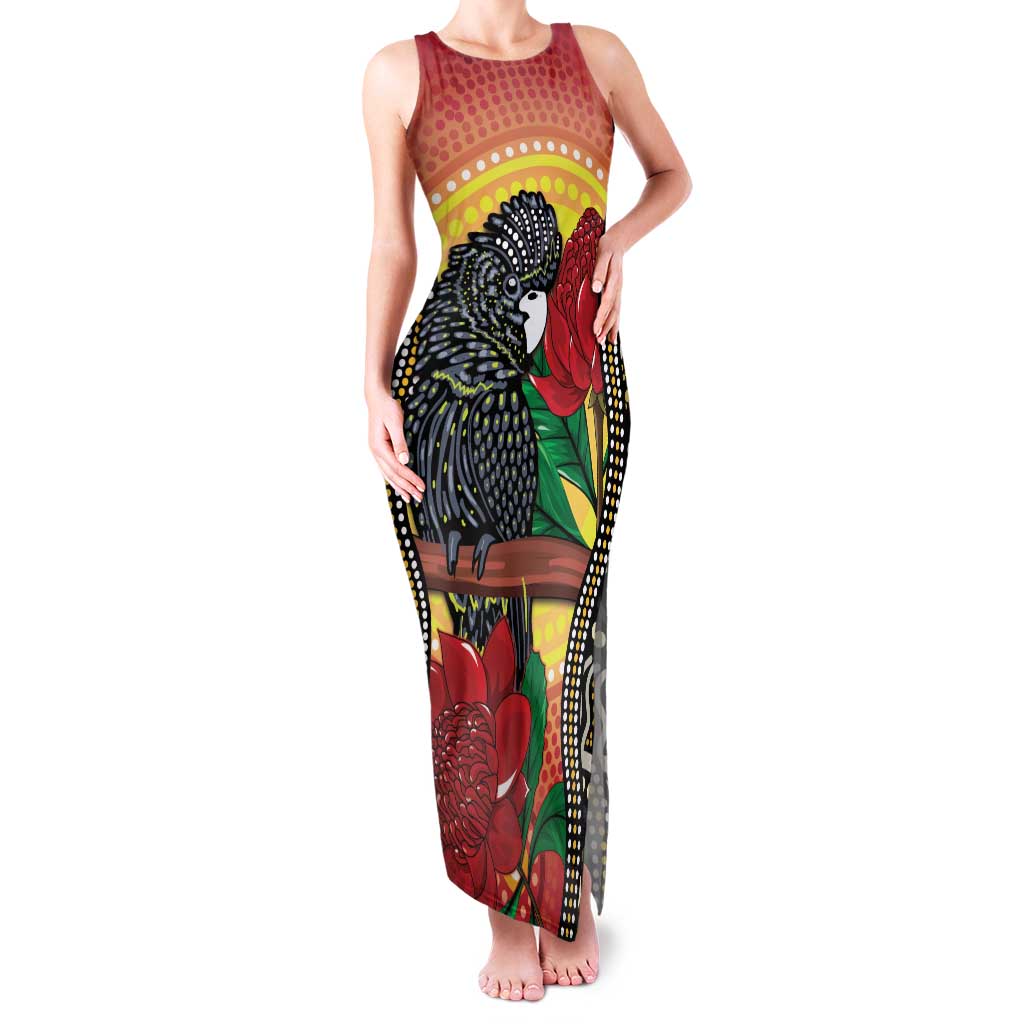 Waratah And Banksian Cockatoo Family Matching Tank Maxi Dress and Hawaiian Shirt Aboriginal Art