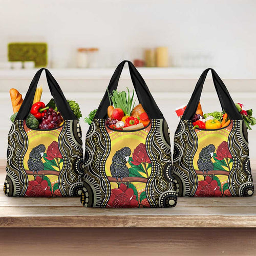 Waratah And Banksian Cockatoo Grocery Bag Aboriginal Art