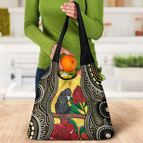 Waratah And Banksian Cockatoo Grocery Bag Aboriginal Art