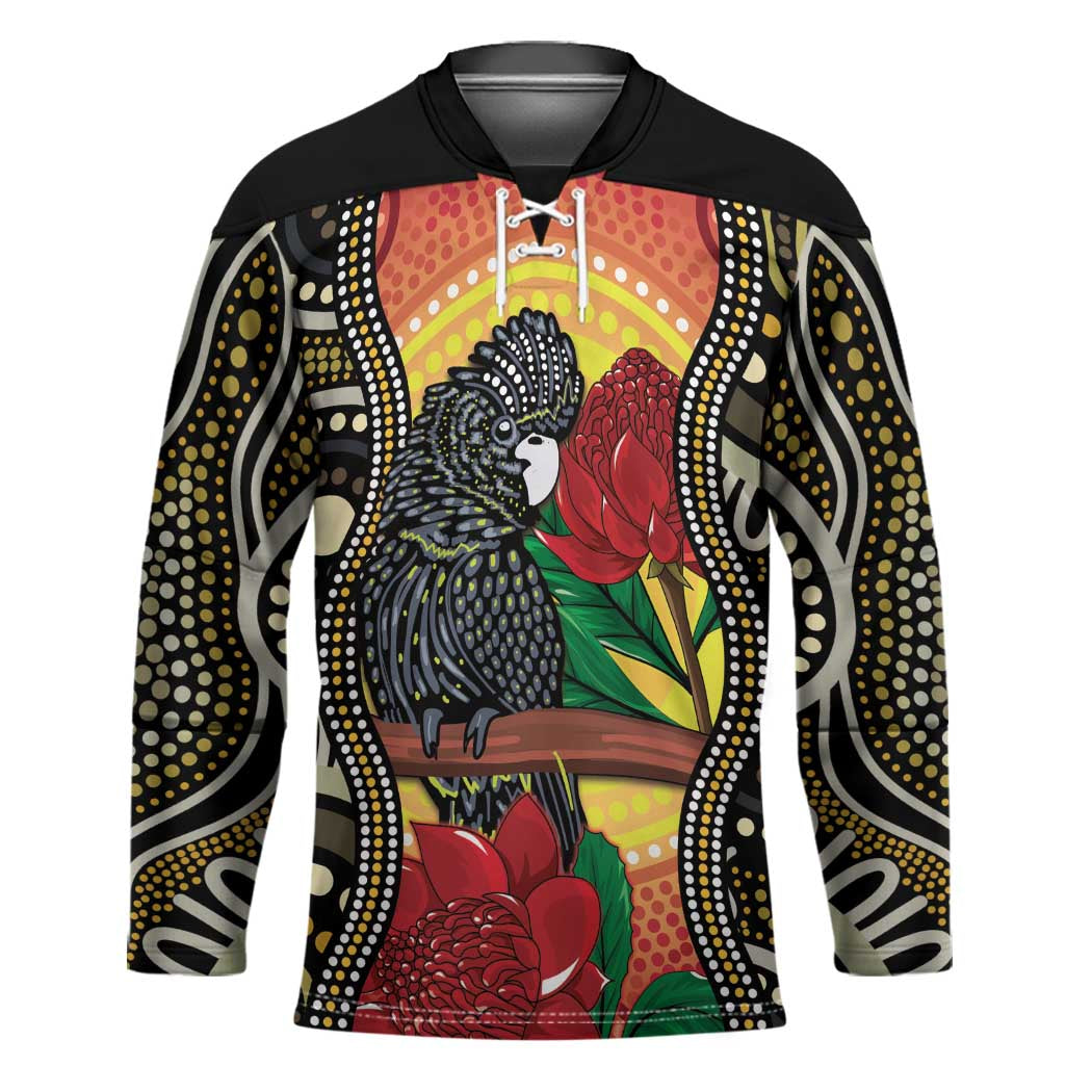 Waratah And Banksian Cockatoo Hockey Jersey Aboriginal Art - Aussie Hoodie