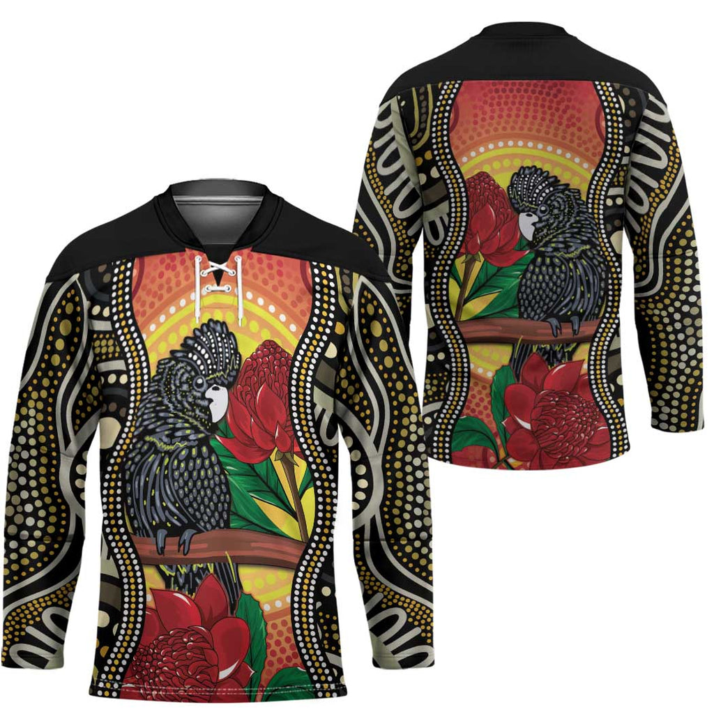 Waratah And Banksian Cockatoo Hockey Jersey Aboriginal Art - Aussie Hoodie