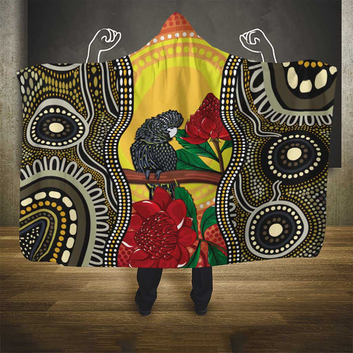 Waratah And Banksian Cockatoo Hooded Blanket Aboriginal Art
