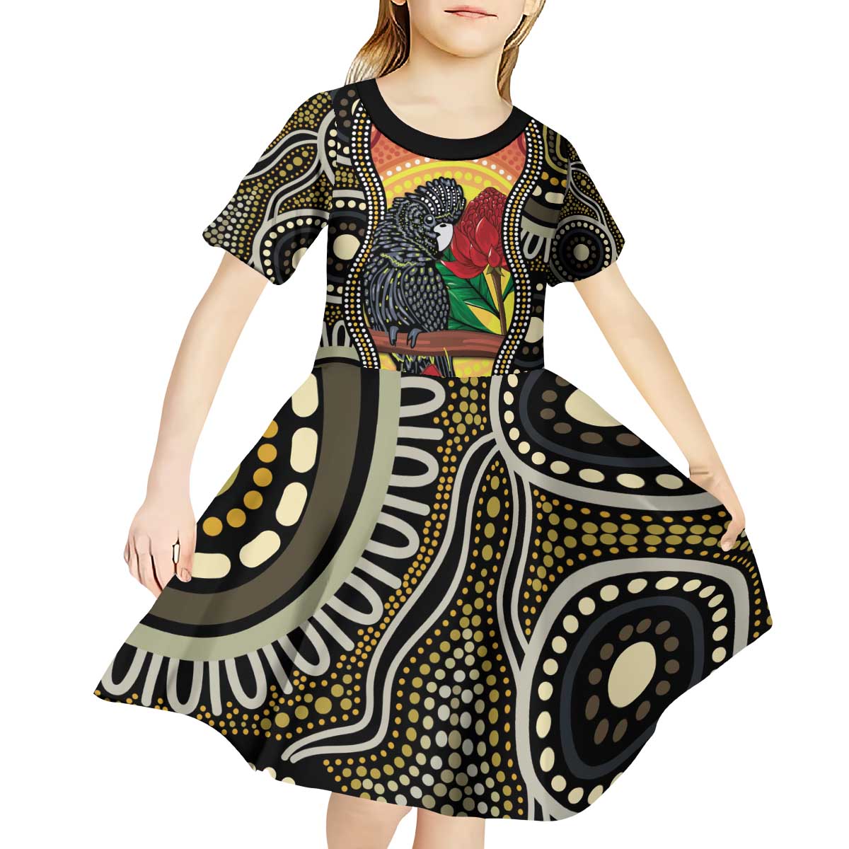 Waratah And Banksian Cockatoo Kid Short Sleeve Dress Aboriginal Art