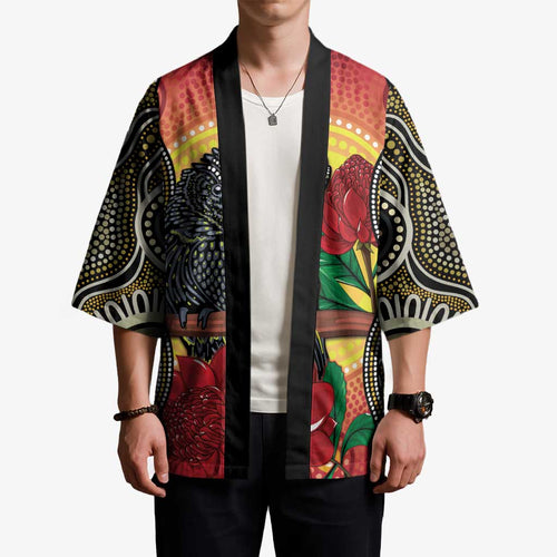 Waratah And Banksian Cockatoo Kimono Aboriginal Art - Aussie Hoodie