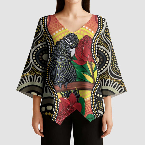 Waratah And Banksian Cockatoo Kimono Sleeve Blouse Aboriginal Art - Aussie Hoodie