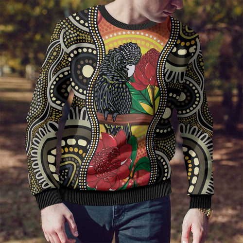 Waratah And Banksian Cockatoo Ugly Christmas Sweater Aboriginal Art