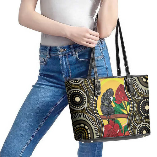 Waratah And Banksian Cockatoo Leather Tote Bag Aboriginal Art