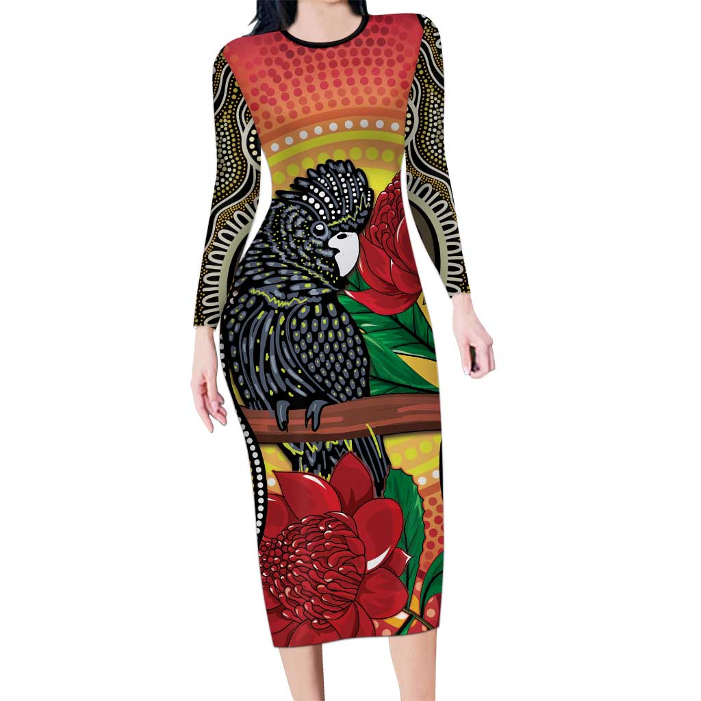 Waratah And Banksian Cockatoo Long Sleeve Bodycon Dress Aboriginal Art