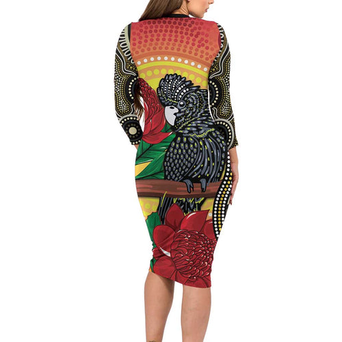 Waratah And Banksian Cockatoo Long Sleeve Bodycon Dress Aboriginal Art