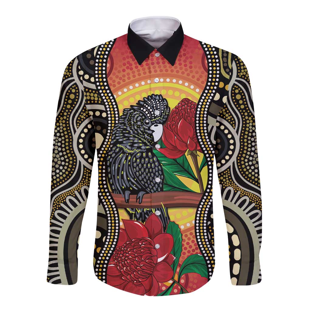 Waratah And Banksian Cockatoo Long Sleeve Button Shirt Aboriginal Art