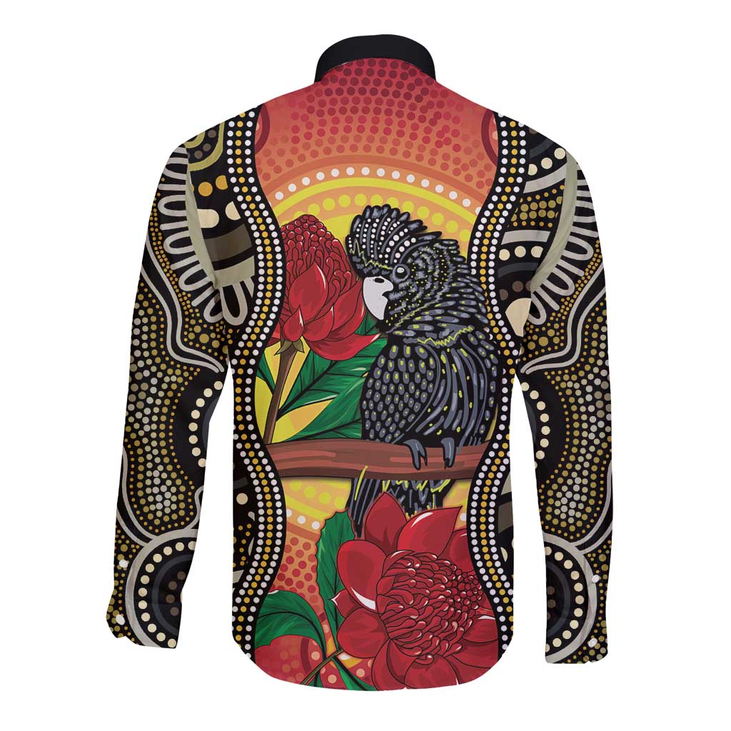 Waratah And Banksian Cockatoo Long Sleeve Button Shirt Aboriginal Art