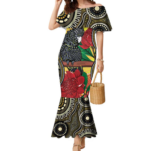 Waratah And Banksian Cockatoo Mermaid Dress Aboriginal Art