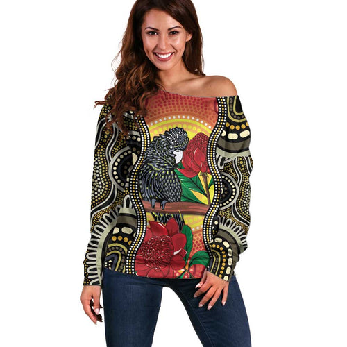 Waratah And Banksian Cockatoo Off Shoulder Sweater Aboriginal Art