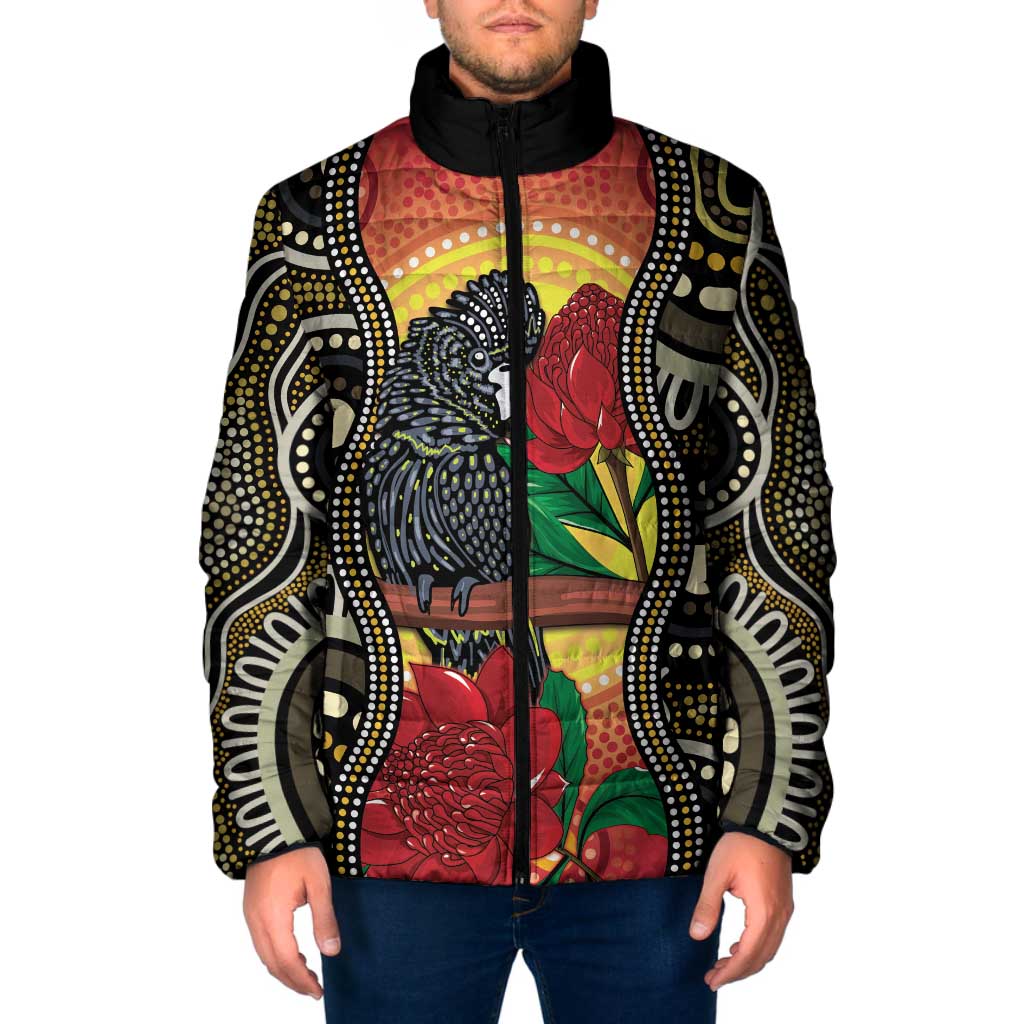 Waratah And Banksian Cockatoo Padded Jacket Aboriginal Art - Aussie Hoodie