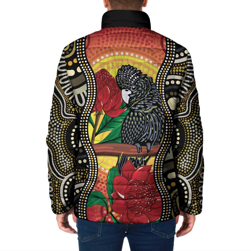 Waratah And Banksian Cockatoo Padded Jacket Aboriginal Art - Aussie Hoodie