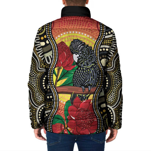 Waratah And Banksian Cockatoo Padded Jacket Aboriginal Art - Aussie Hoodie
