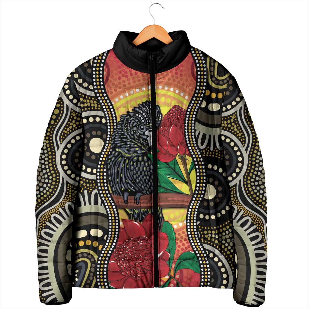 Waratah And Banksian Cockatoo Padded Jacket Aboriginal Art - Aussie Hoodie