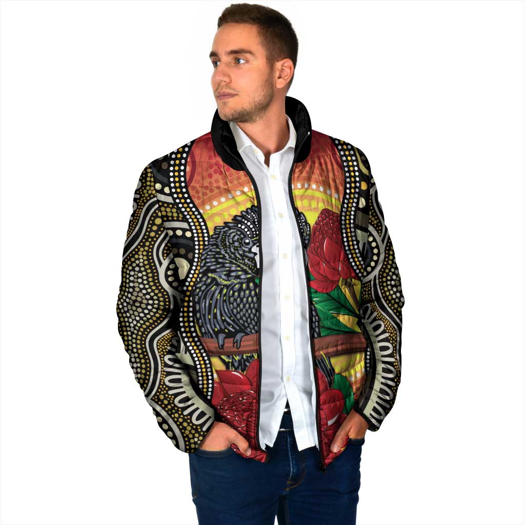 Waratah And Banksian Cockatoo Padded Jacket Aboriginal Art - Aussie Hoodie