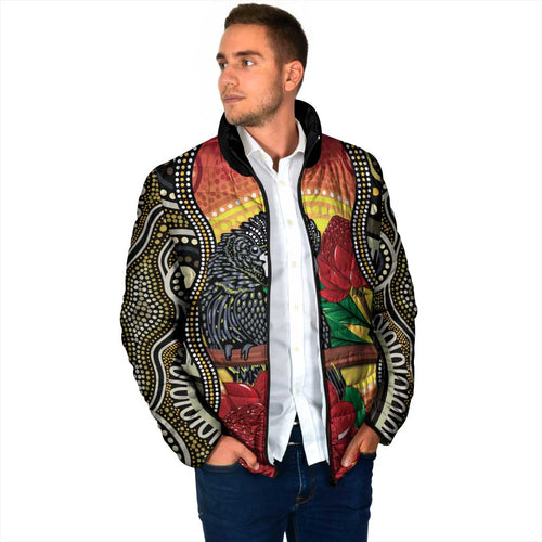 Waratah And Banksian Cockatoo Padded Jacket Aboriginal Art - Aussie Hoodie