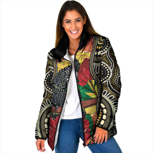 Waratah And Banksian Cockatoo Padded Jacket Aboriginal Art - Aussie Hoodie