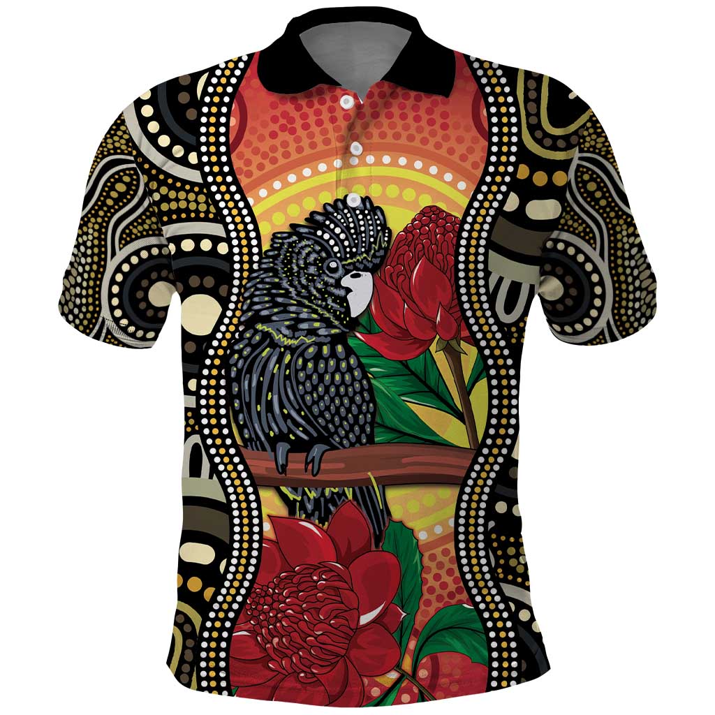 Waratah And Banksian Cockatoo Polo Shirt Aboriginal Art