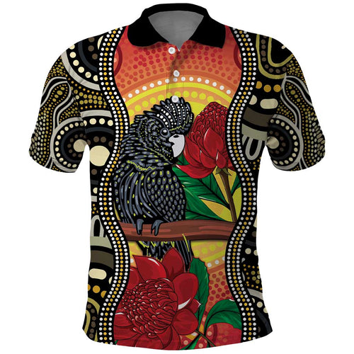 Waratah And Banksian Cockatoo Polo Shirt Aboriginal Art