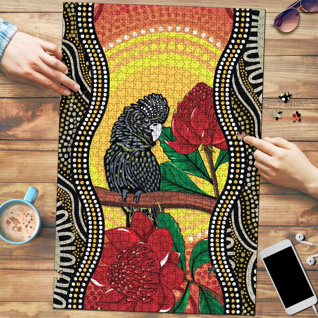 Waratah And Banksian Cockatoo Puzzle Aboriginal Art - Aussie Hoodie