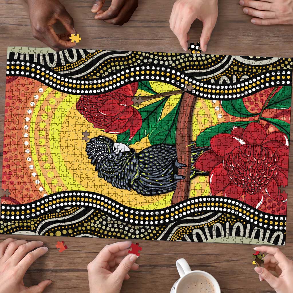 Waratah And Banksian Cockatoo Puzzle Aboriginal Art - Aussie Hoodie