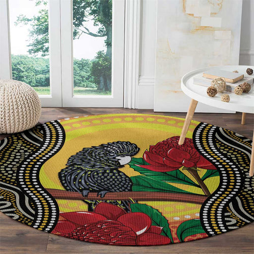 Waratah And Banksian Cockatoo Round Carpet Aboriginal Art