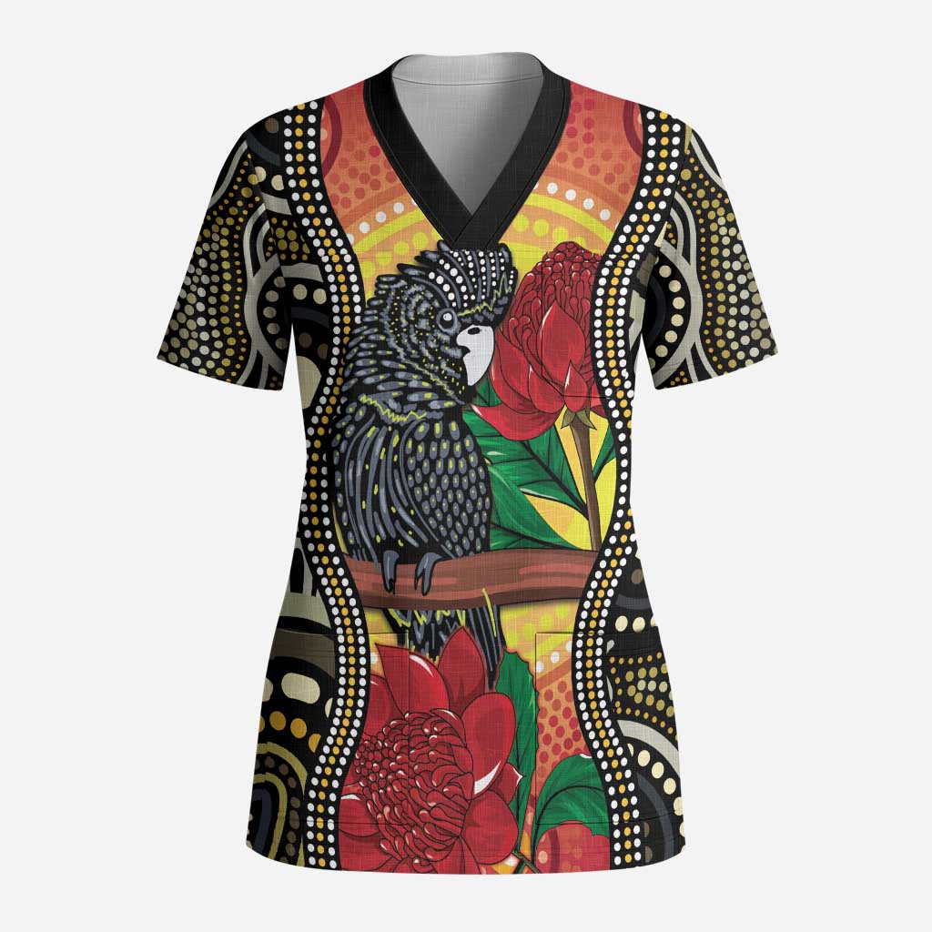 Waratah And Banksian Cockatoo Scrub Top Aboriginal Art - Aussie Hoodie