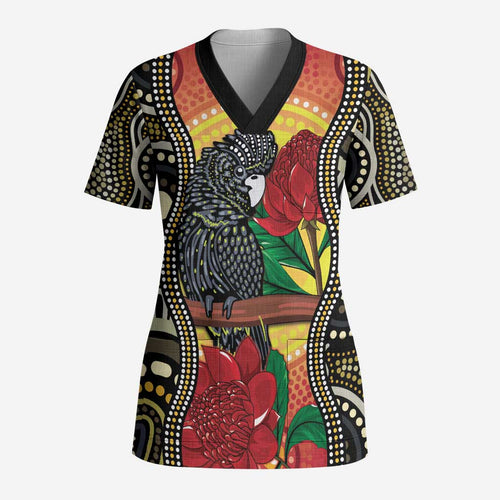 Waratah And Banksian Cockatoo Scrub Top Aboriginal Art - Aussie Hoodie