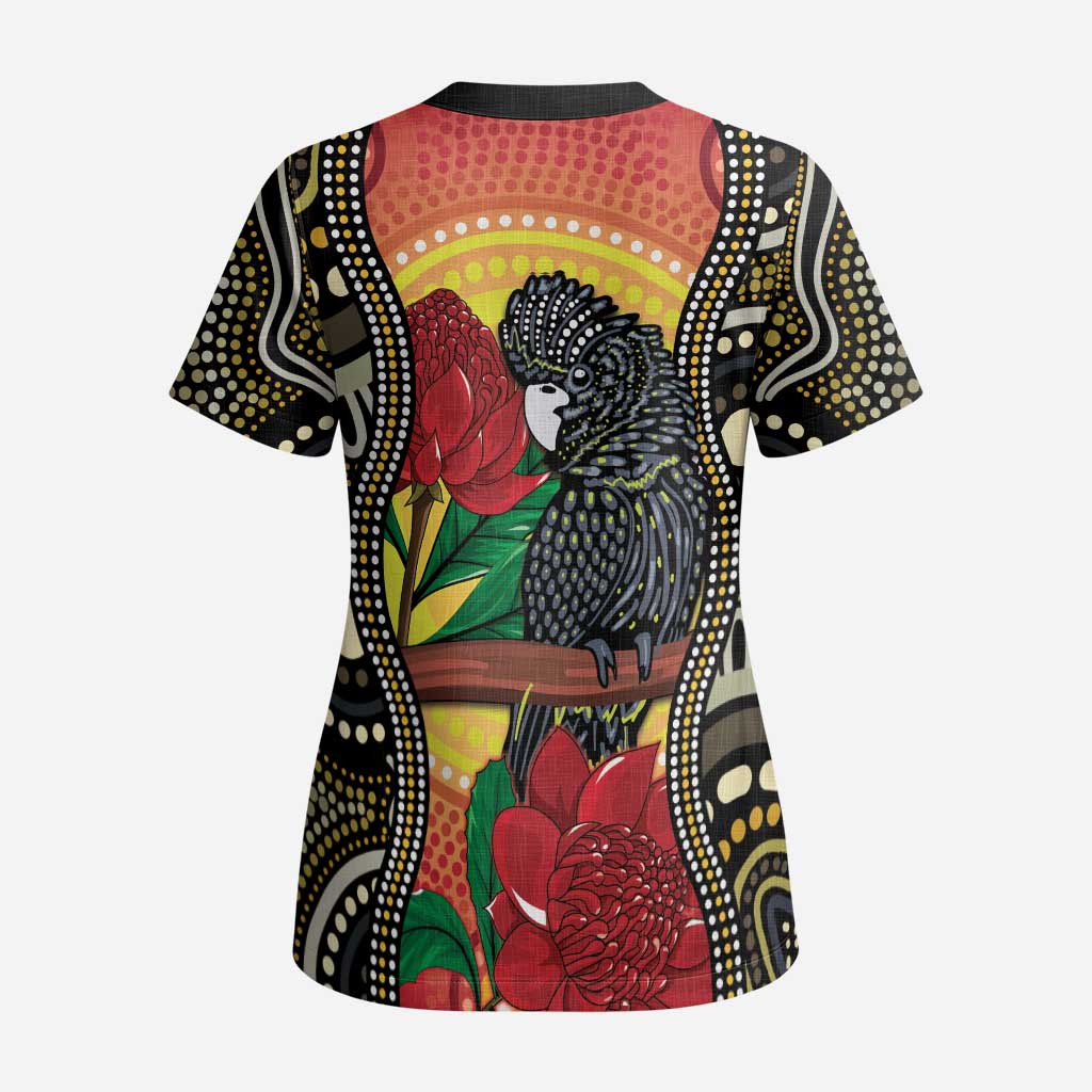 Waratah And Banksian Cockatoo Scrub Top Aboriginal Art - Aussie Hoodie