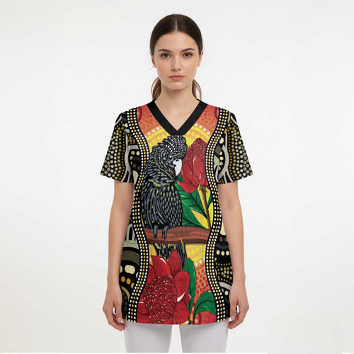 Waratah And Banksian Cockatoo Scrub Top Aboriginal Art - Aussie Hoodie