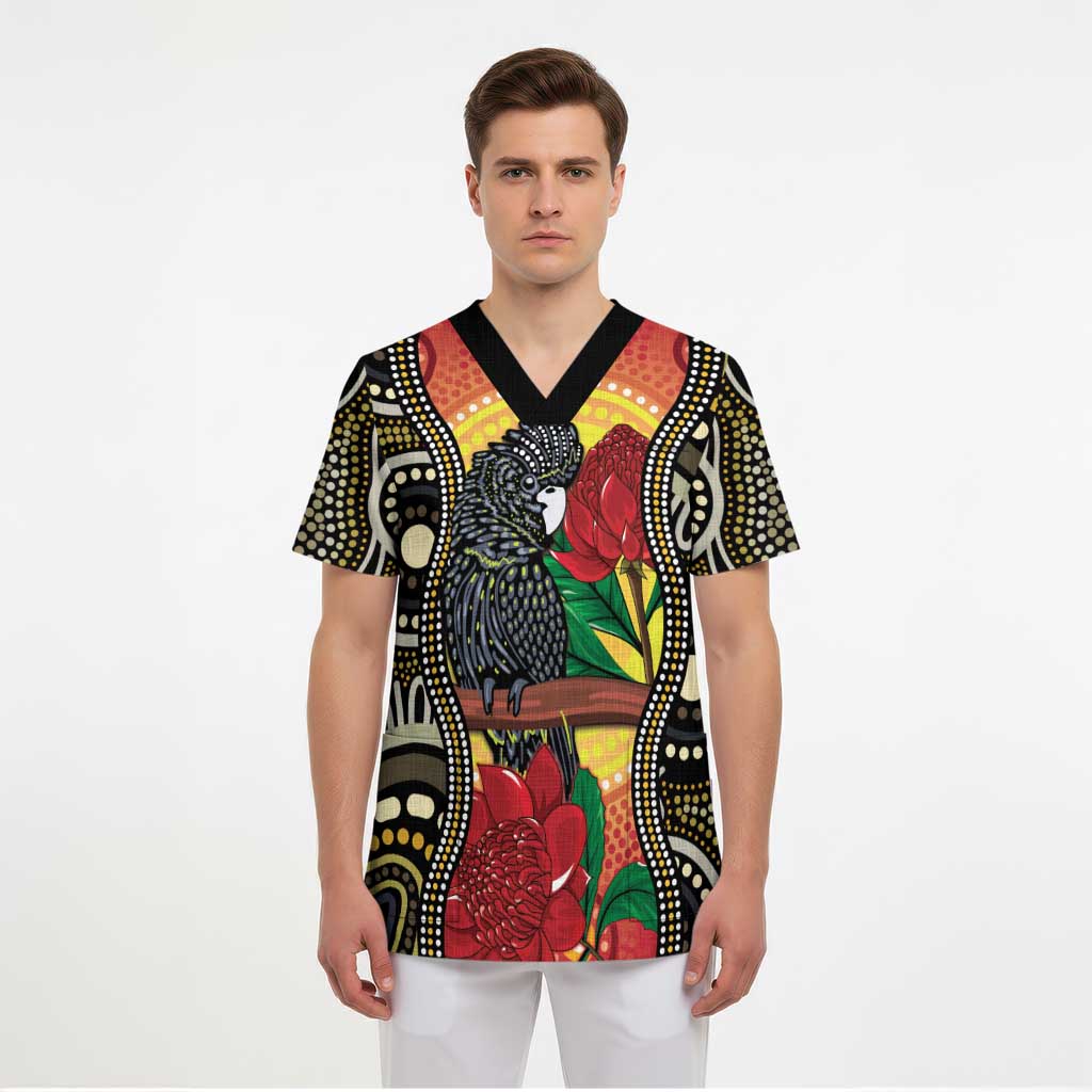 Waratah And Banksian Cockatoo Scrub Top Aboriginal Art - Aussie Hoodie