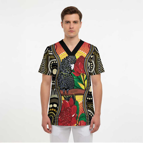 Waratah And Banksian Cockatoo Scrub Top Aboriginal Art - Aussie Hoodie